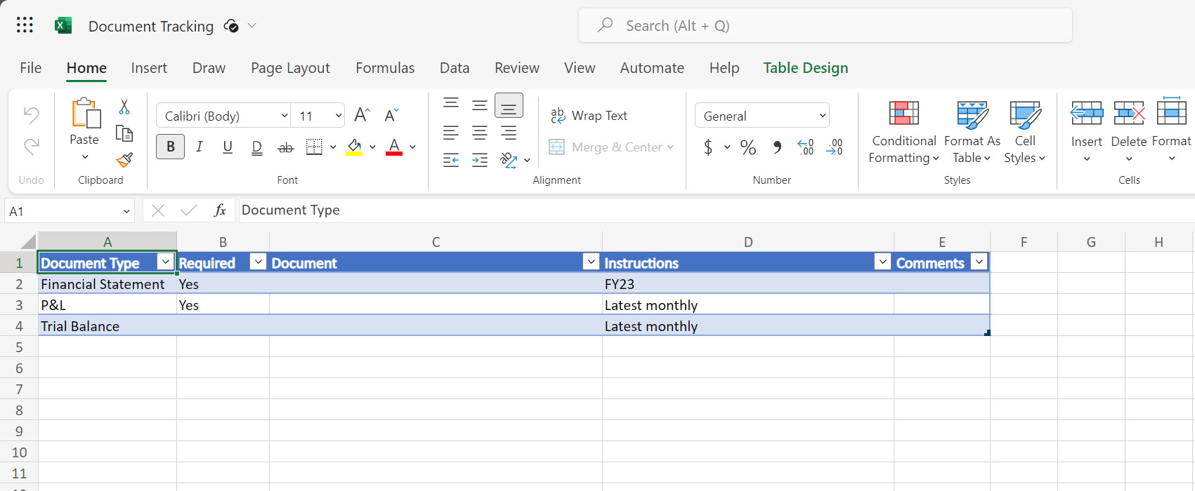 Data Room Excel Tracking