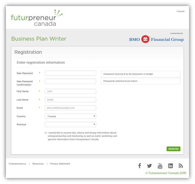Business Plan Writer Registration
