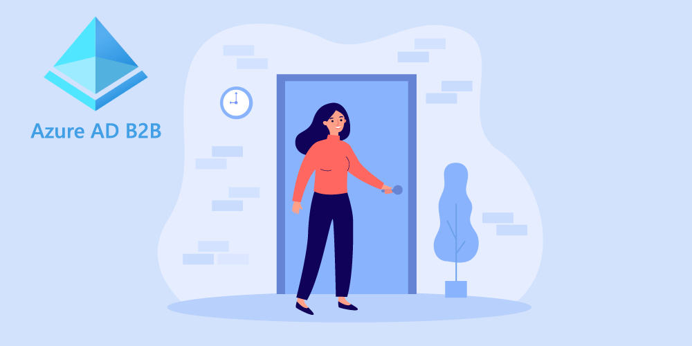 Graphic person walking through door with Azure AD B2B logo