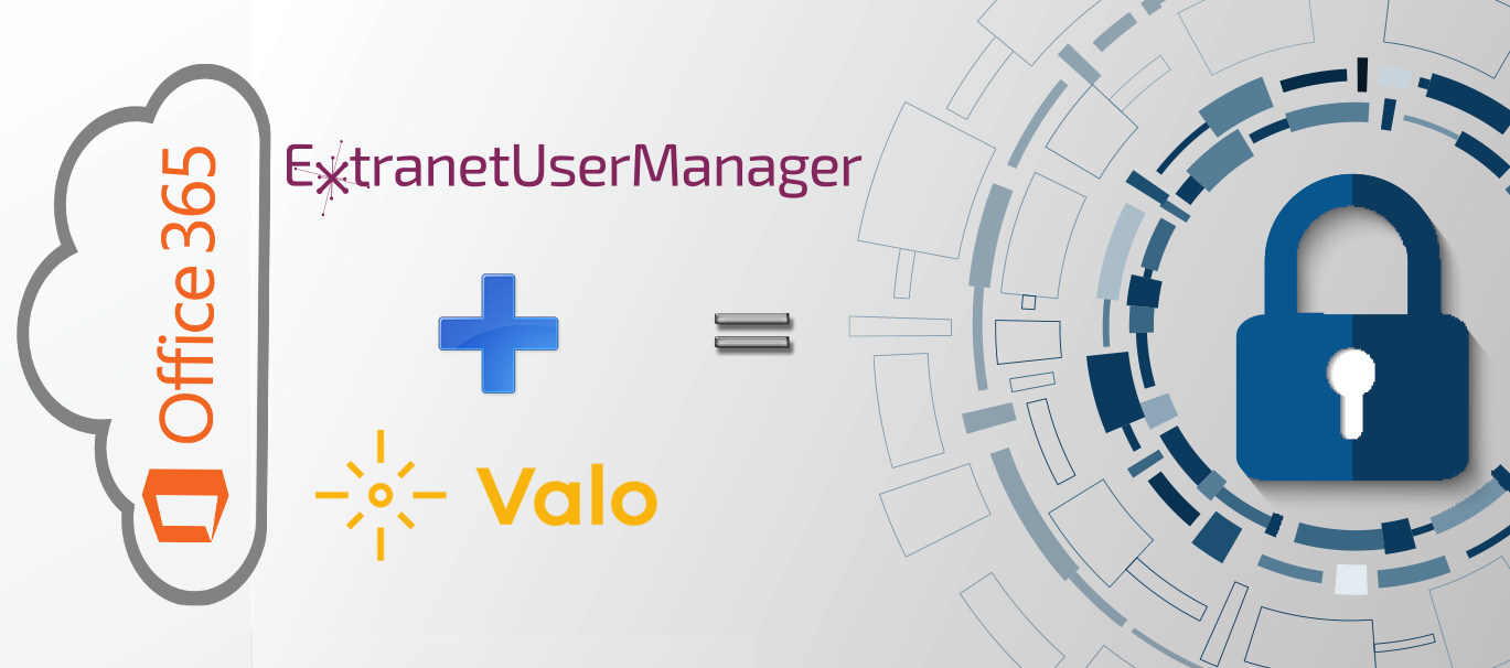 Office 365 cloud logo with Extranet User Manager and Valo logos with lock graphic