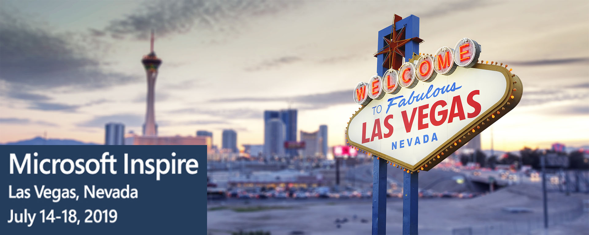 Microsoft Inspire details overlaid on Las Vegas skyline